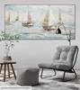 Tableau peint à la main Sailboat Racing Bleu - Blanc - Bois massif - Textile - 140 x 70 x 4 cm