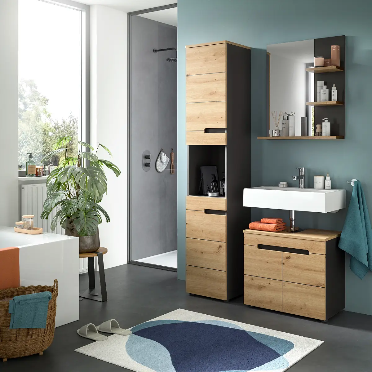 Badset 3-teilig Spiegel 116cm Holz/Grau | Holztöne