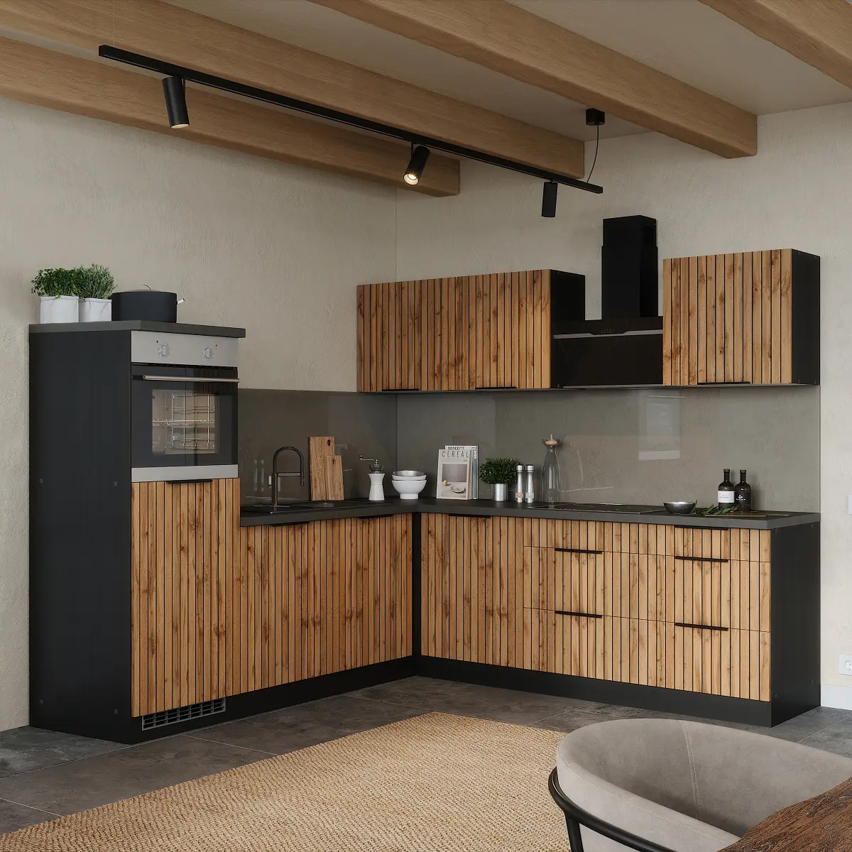 Autarke Eckküche Liverpool Schwarz 240cm Braun Glaskeramik mit