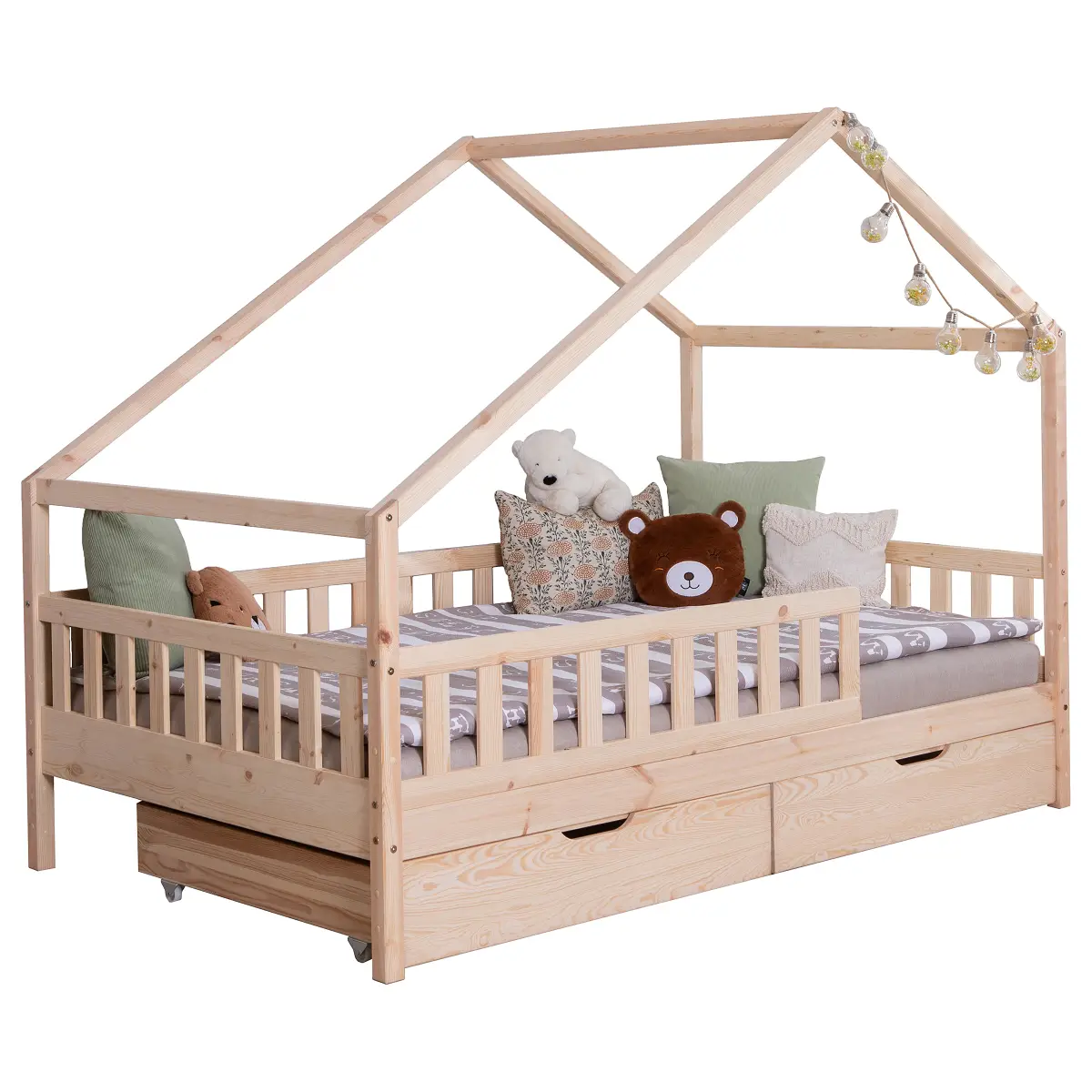 TiCAA Massives Hausbett Lou mit Schublade 140 x 200cm | Holztöne