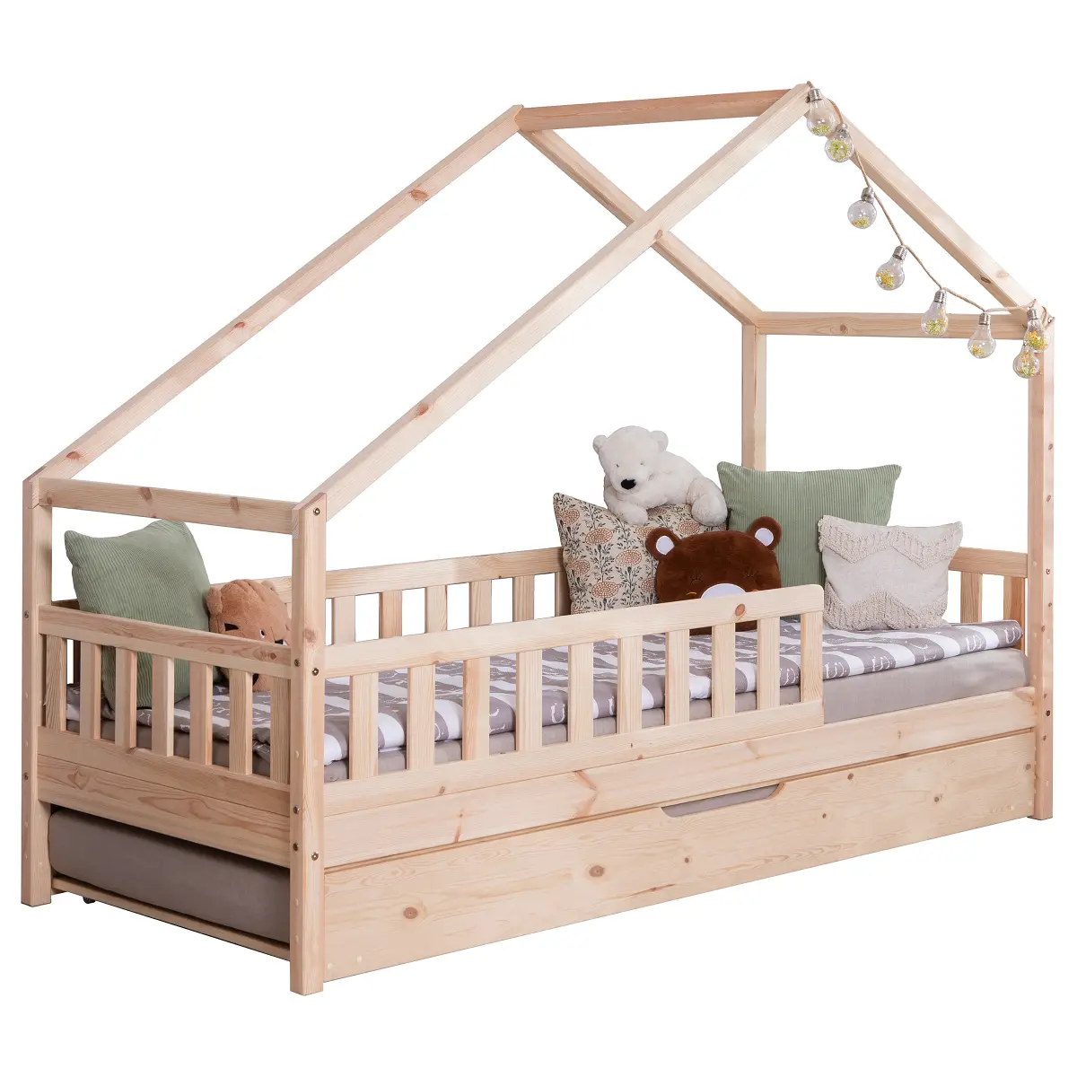 TiCAA Massives Hausbett Lou mit Zusatzbett | Holztöne