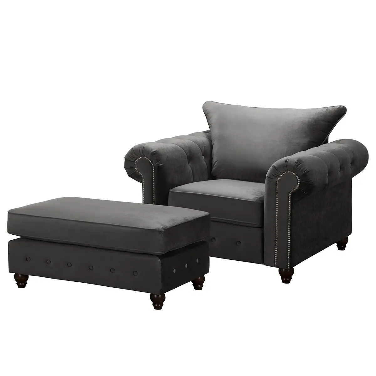 Sessel Grau/Grau Samt mit Hocker | Grau