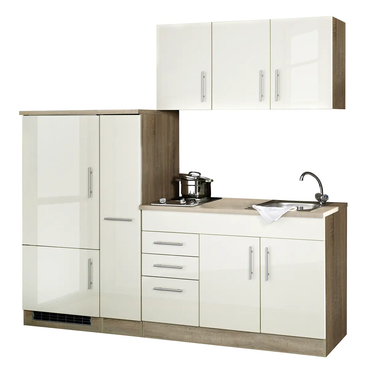 Küchenzeile II 210cm Beige/Hochglanz Crema Kochplatte | Beige