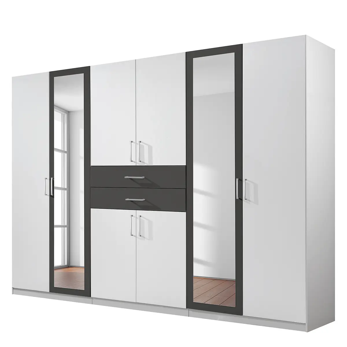 Drehtürenschrank 270cm Weiß/Weiß/Graphit Silber | Weiß