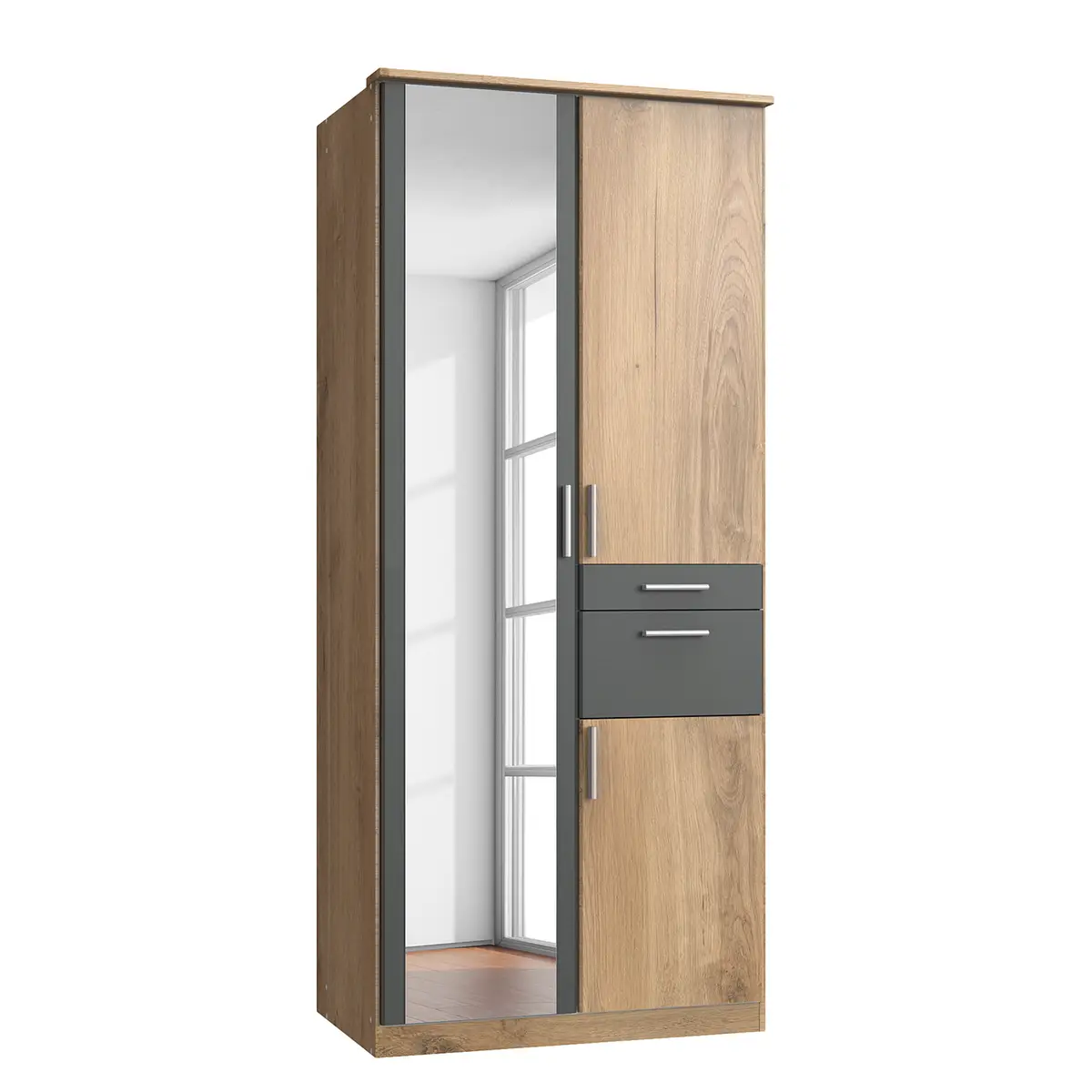 Drehtürenschrank I 91cm Braun/Eiche Sägerau Dekor/Graphit