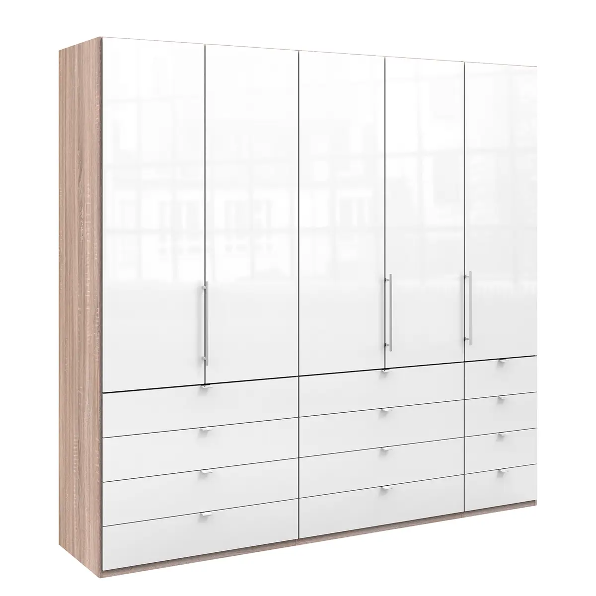 Falttürenschrank II 250 x 236cm Braun/Eiche Sägerau Dekor/Glas Weiß