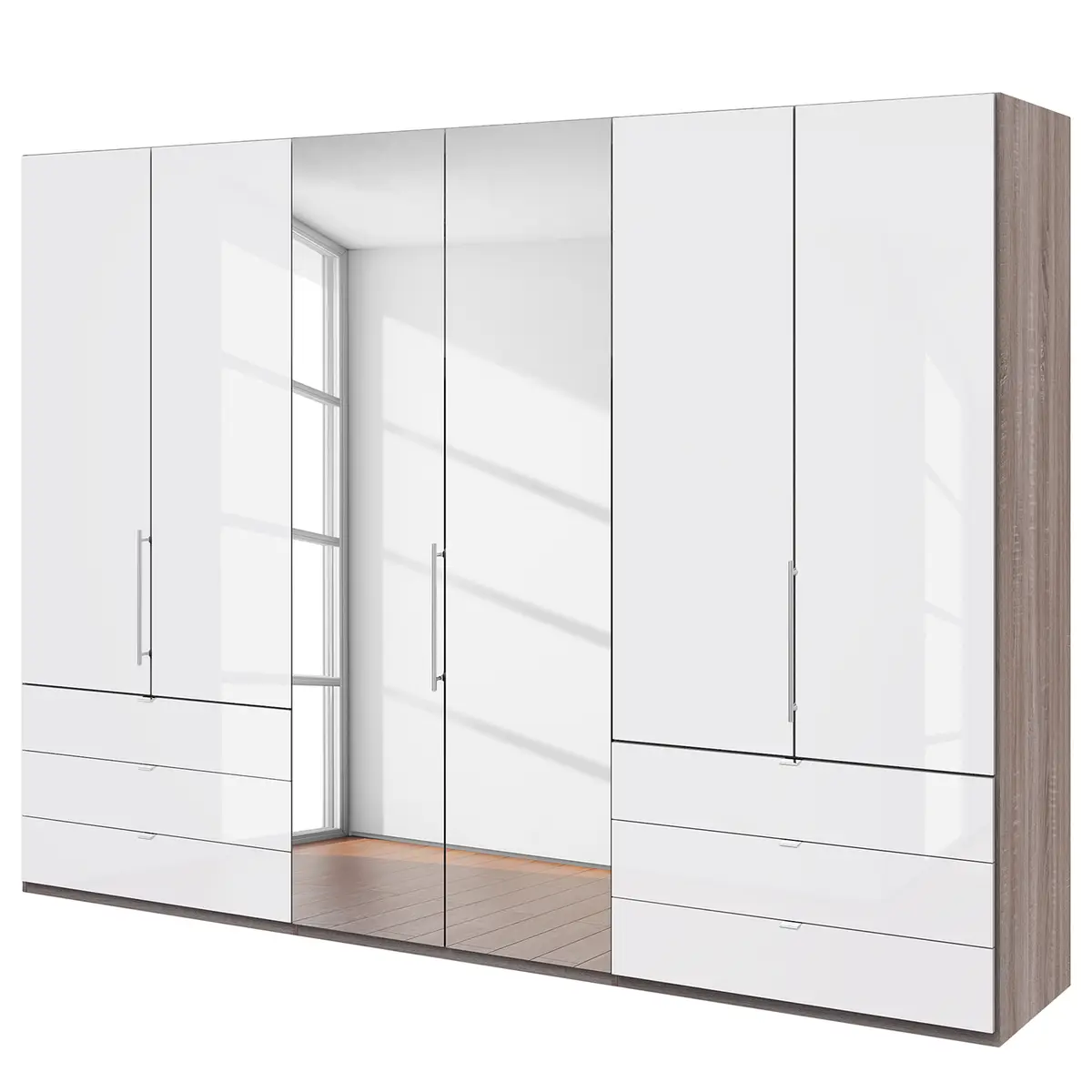 Falttürenschrank V 216cm Braun/Grau/Trüffeleiche Dekor/Glas Weiß