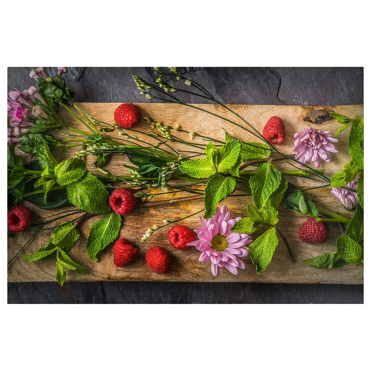 Magnettafel Blumen Himbeeren Minze | Mehrfarbig