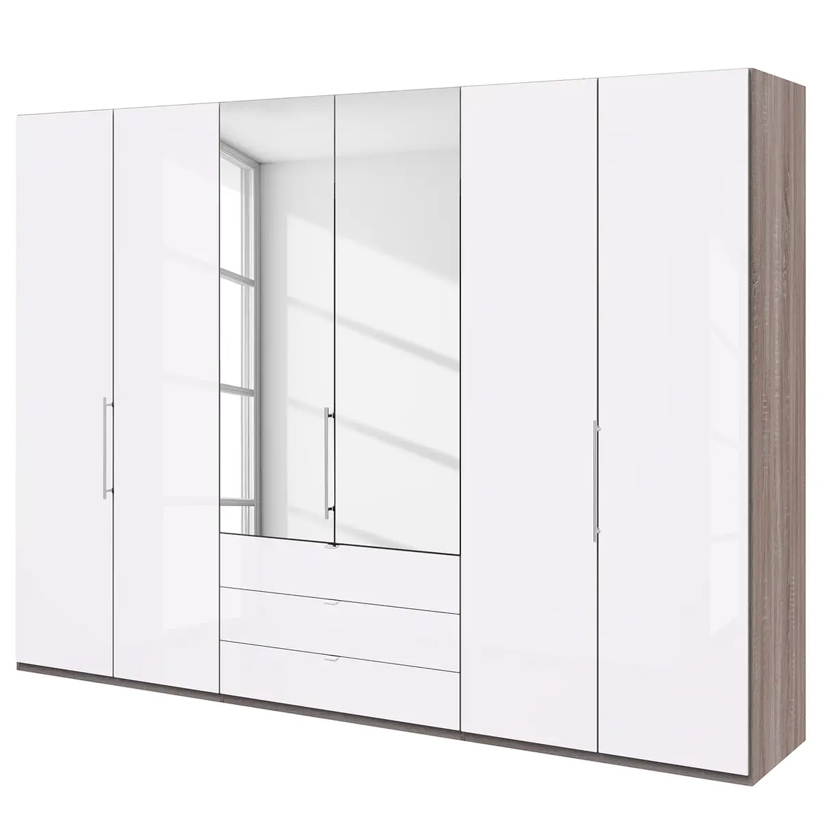 Falttürenschrank III 216cm Braun/Havanna/Glas Weiß 2 Spiegeltüren