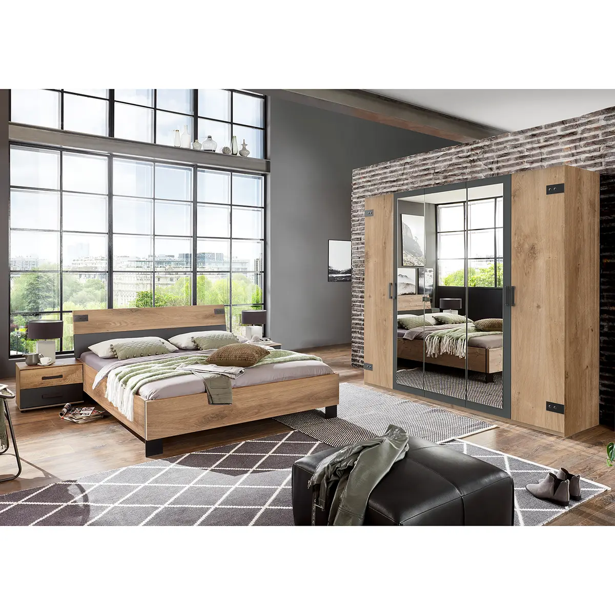 Schlafzimmer-Set I 4-teilig 140 x 200cm Braun/Grau/Eiche