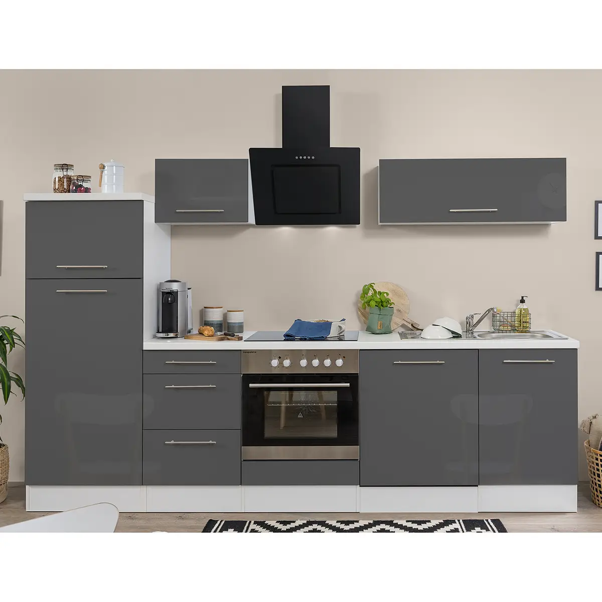 Küchenzeile Amanda II 280cm Grau/Hochglanz Grau/Weiß | Grau
