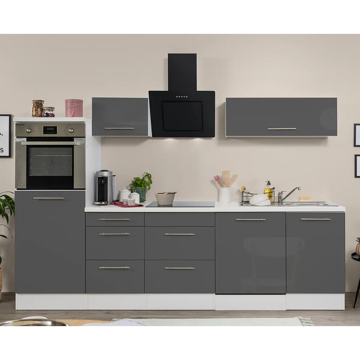 Küchenzeile Amanda IV 280cm Grau/Hochglanz Grau/Weiß | Grau