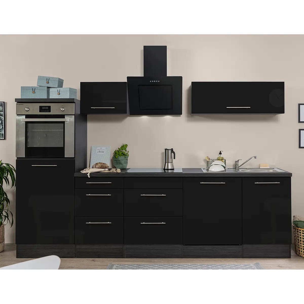 Küchenzeile Amanda IV 280cm Schwarz/Hochglanz Schwarz/Eiche Grau Dekor