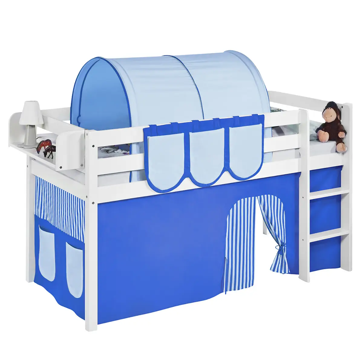 Hochbett Stripes 90 x 200cm Weiß/Blau mit Leiter | Weiß