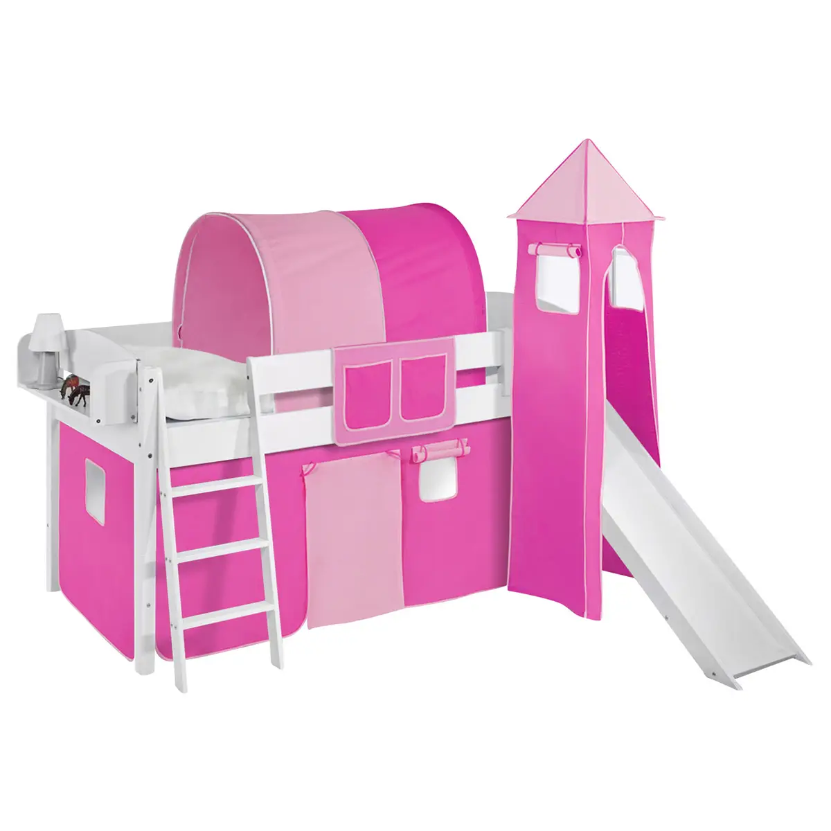Hochbett Colours 90 x 200cm Weiß/Pink mit Rutsche & Turm/mit