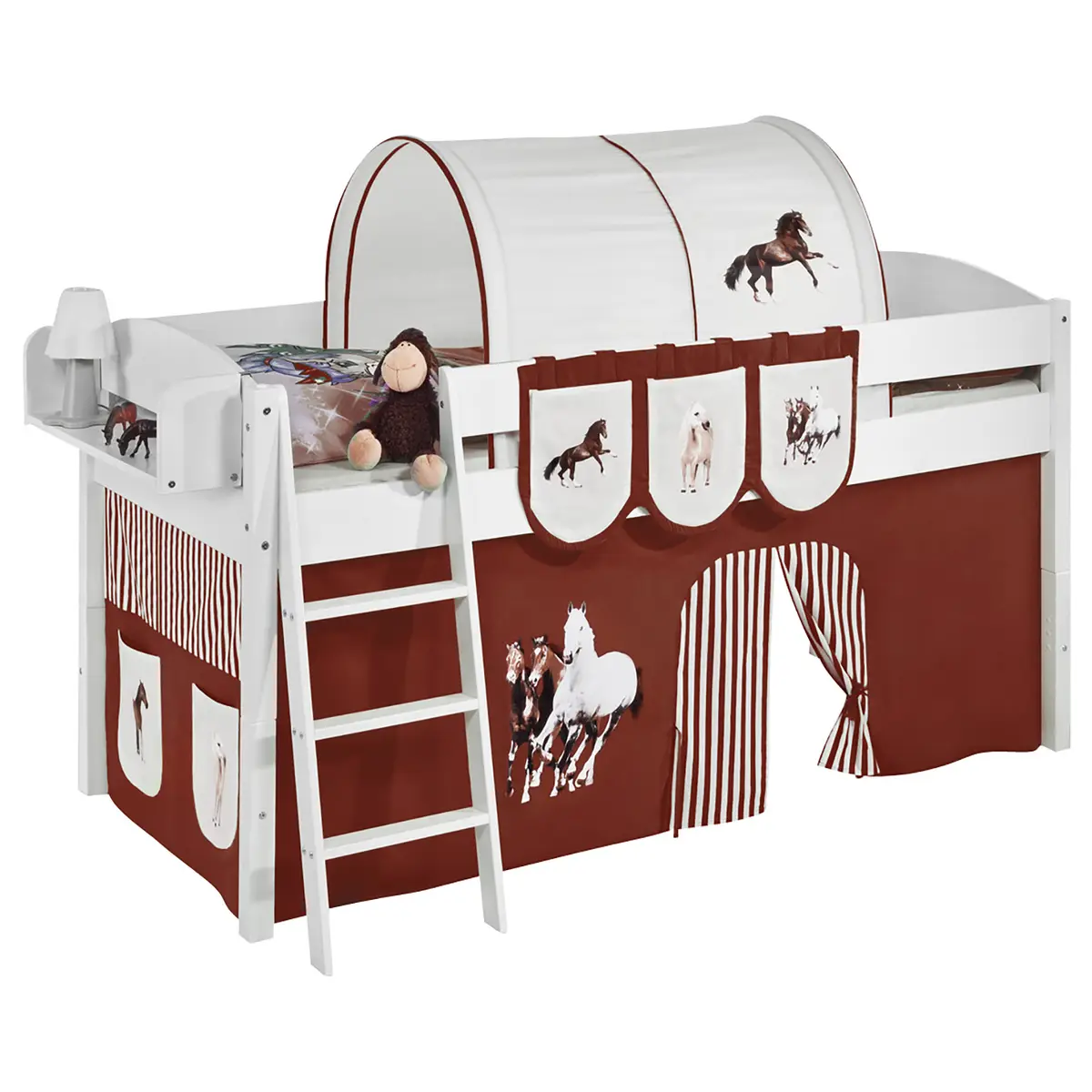 Hochbett Pferde 90 x 200cm Weiß/Braun mit Leiter | Mehrfarbig