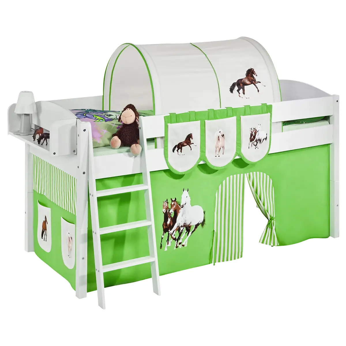 Hochbett Pferde 90 x 200cm Weiß/Hellgrün mit Leiter | Weiß