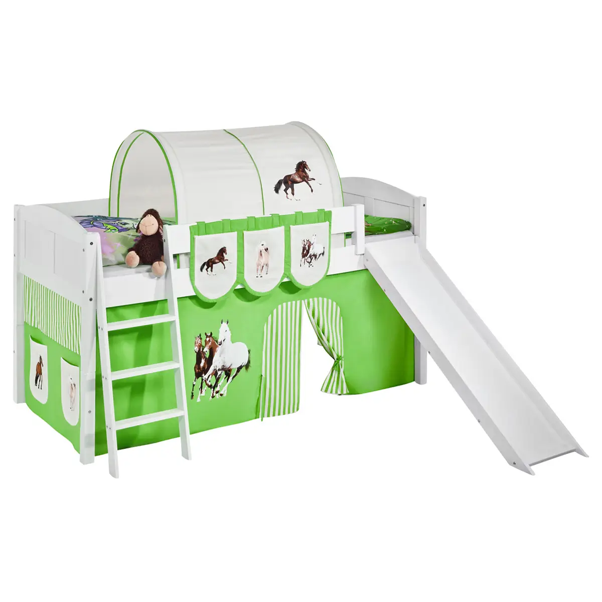 Hochbett Pferde 90 x 200cm Weiß/Hellgrün mit Rutsche/mit Leiter | Weiß