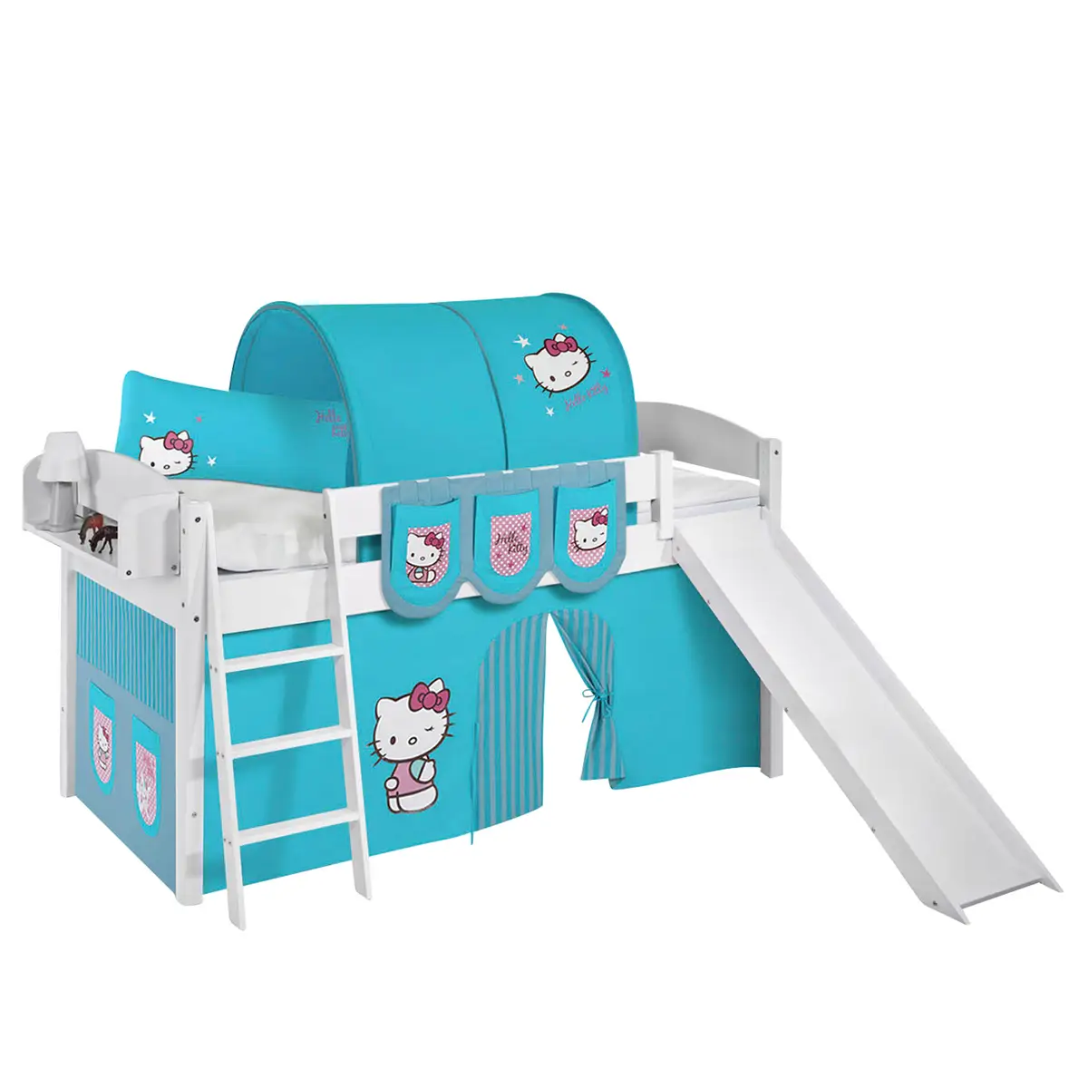 Hochbett Hello Kitty 90 x 200cm Weiß/Türkis mit Rutsche/mit