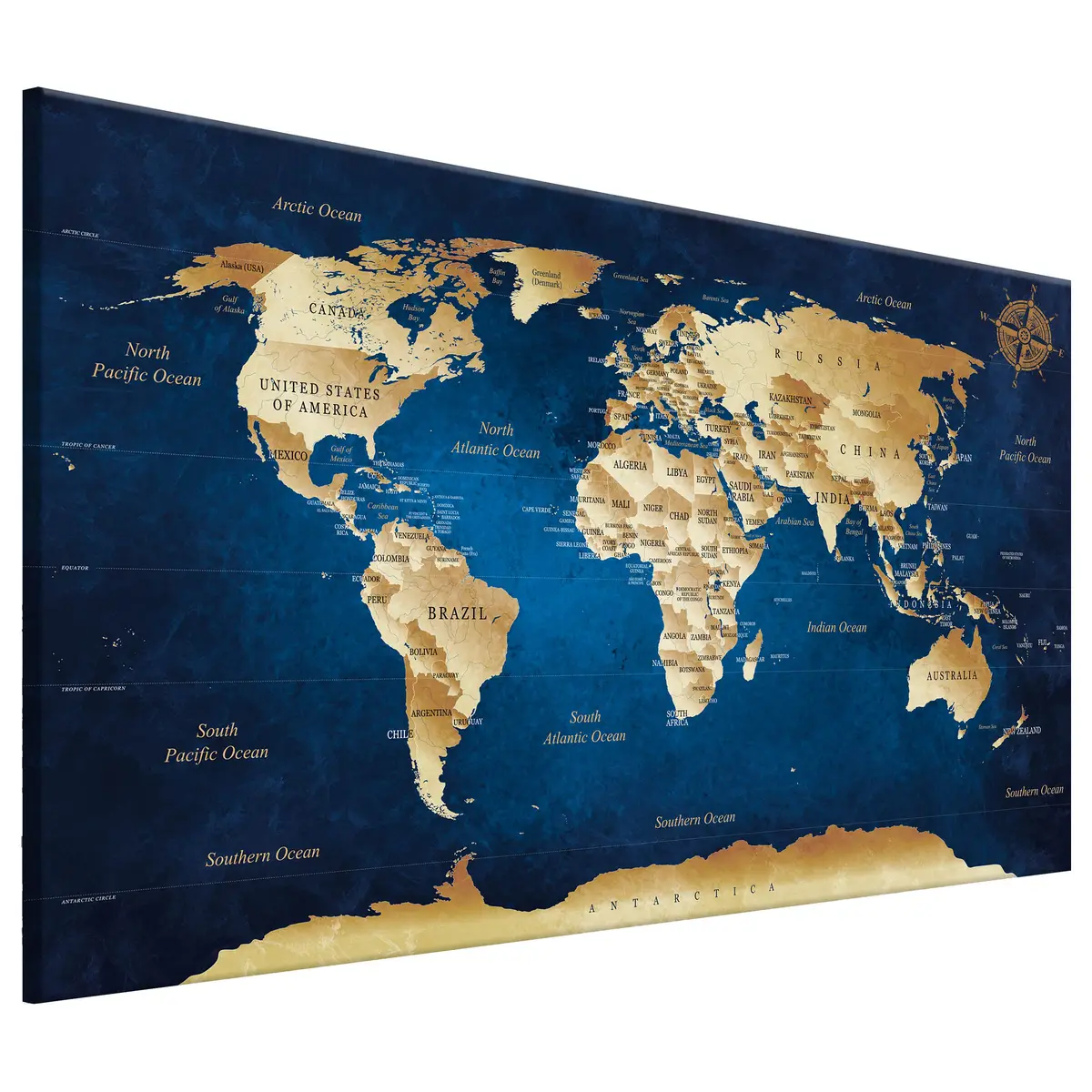 Wandbild World Map: The Dark Blue Depths Leinen Blau 90 x 60cm | Blau