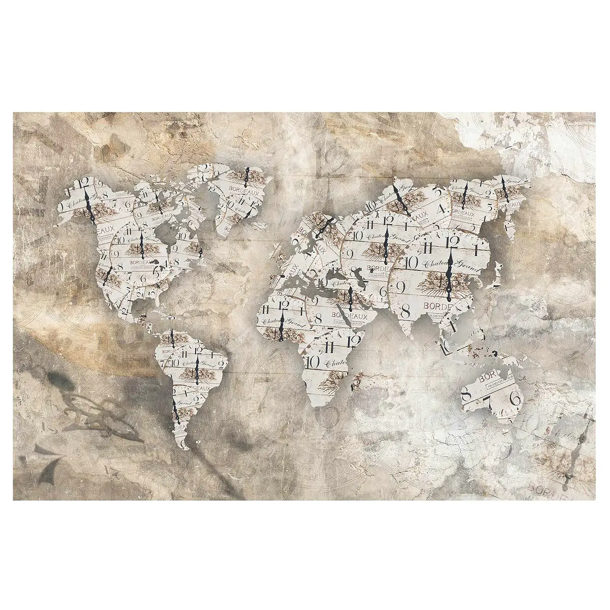 Vliestapete Shabby Uhren Weltkarte | Beige