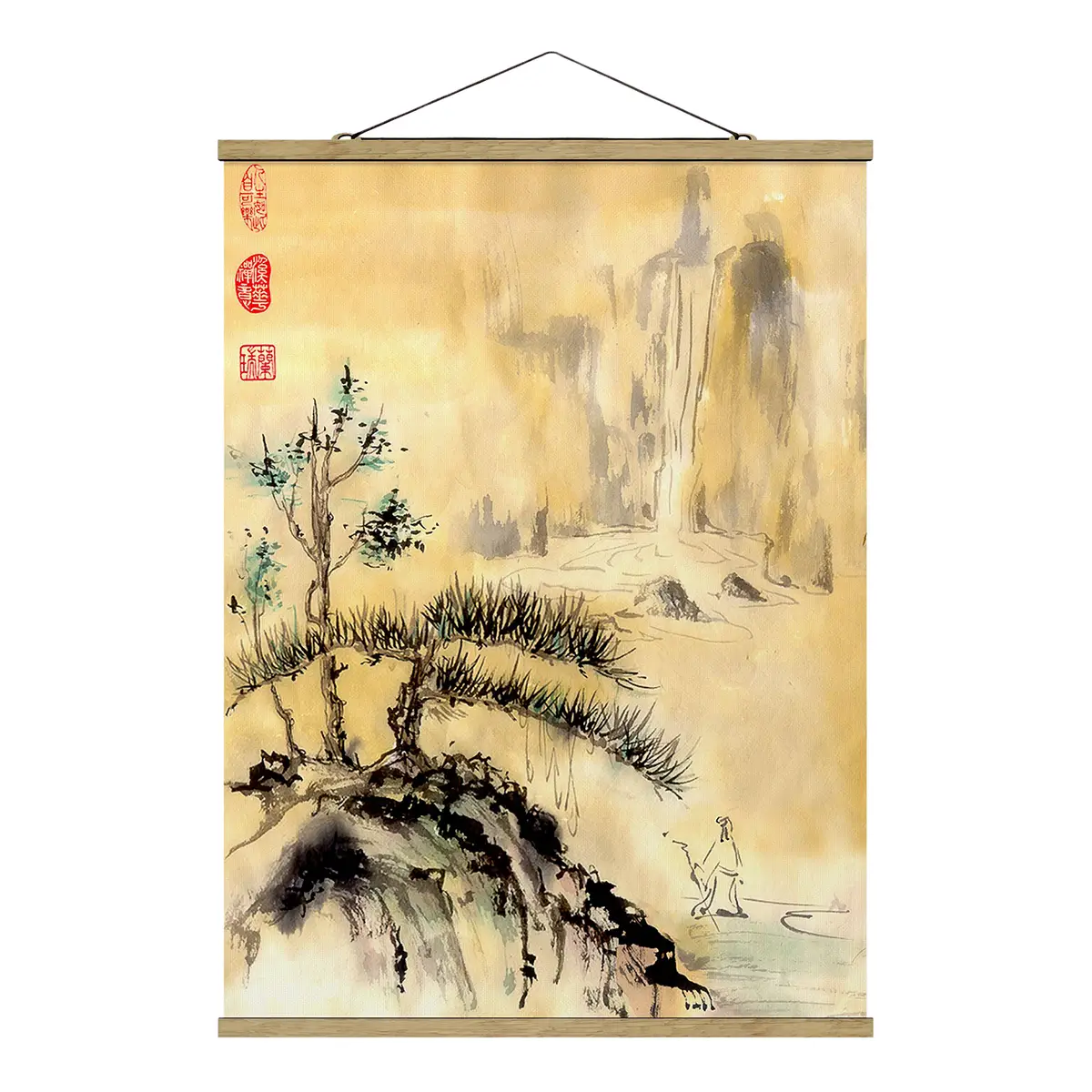 Stoffbild Japanische Zedern und Berge | Gelb