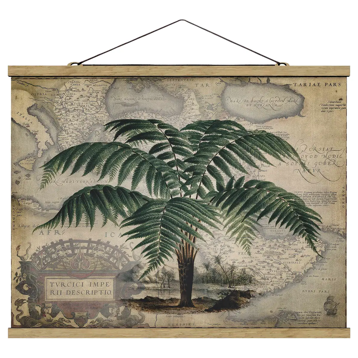 Bilderwelten Stoffbild Collage Palme & Weltkarte | Grün