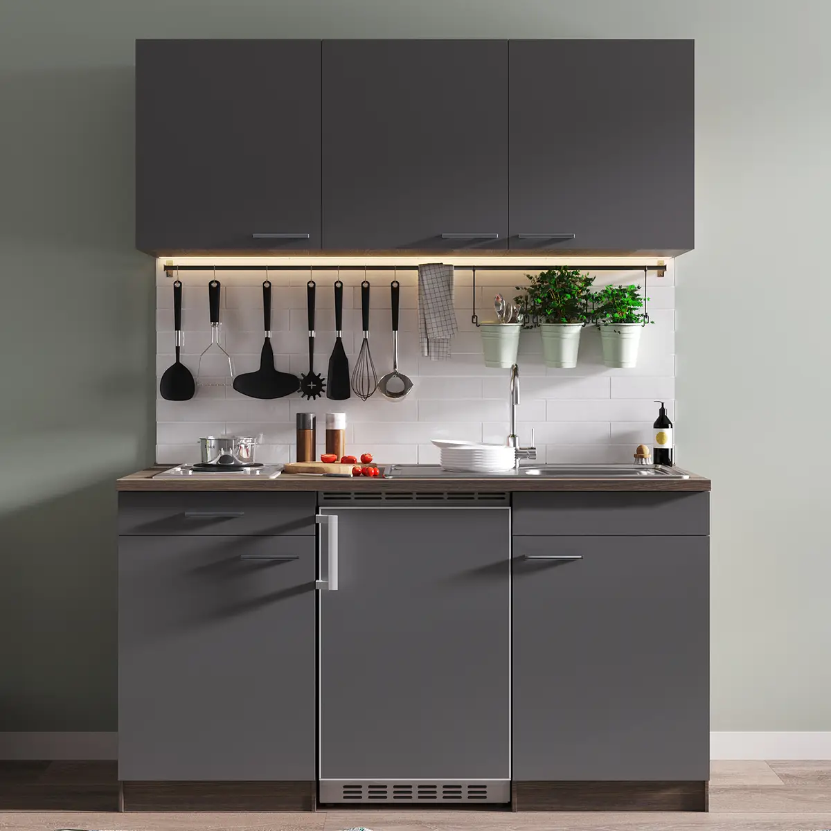 Single-Küchenzeile Oliver I 150cm Grau/Grau/Eiche Dunkel Dekor | Grau