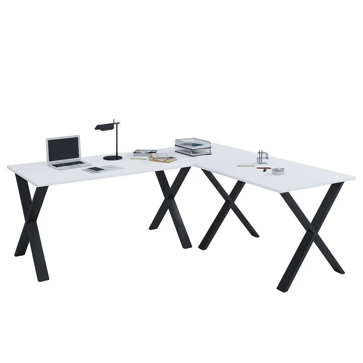 Eckschreibtisch 190 x 160cm Weiß/Weiß X-Form Schwarz | Weiß