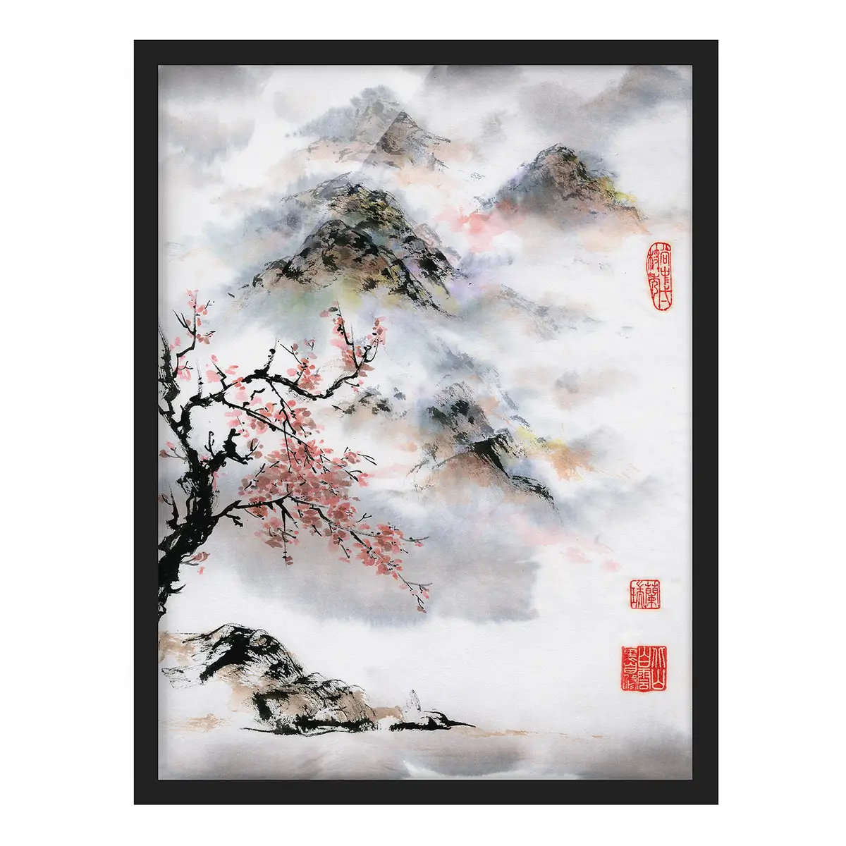 Bild Aquarell Kirschbaum und Berge | Grau