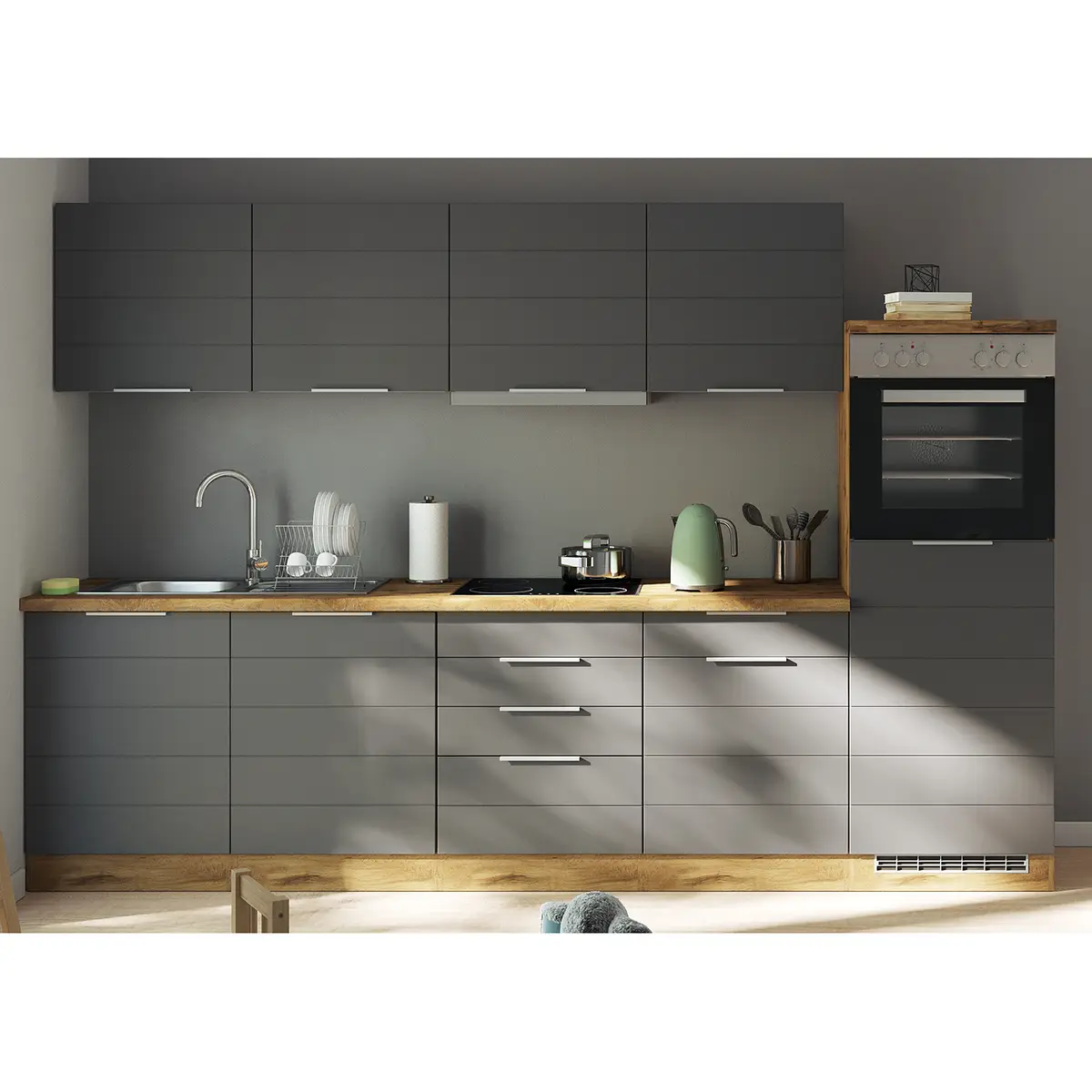 Küchenzeile Florenz III 300cm Grau/Matt Grau Glaskeramik mit | Grau