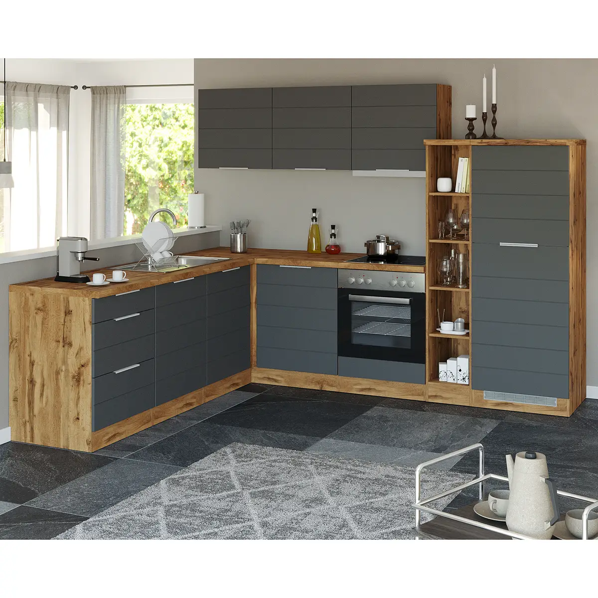 Eckküche Florenz I 240cm Grau/Matt Grau mit Elektrogeräten | Grau