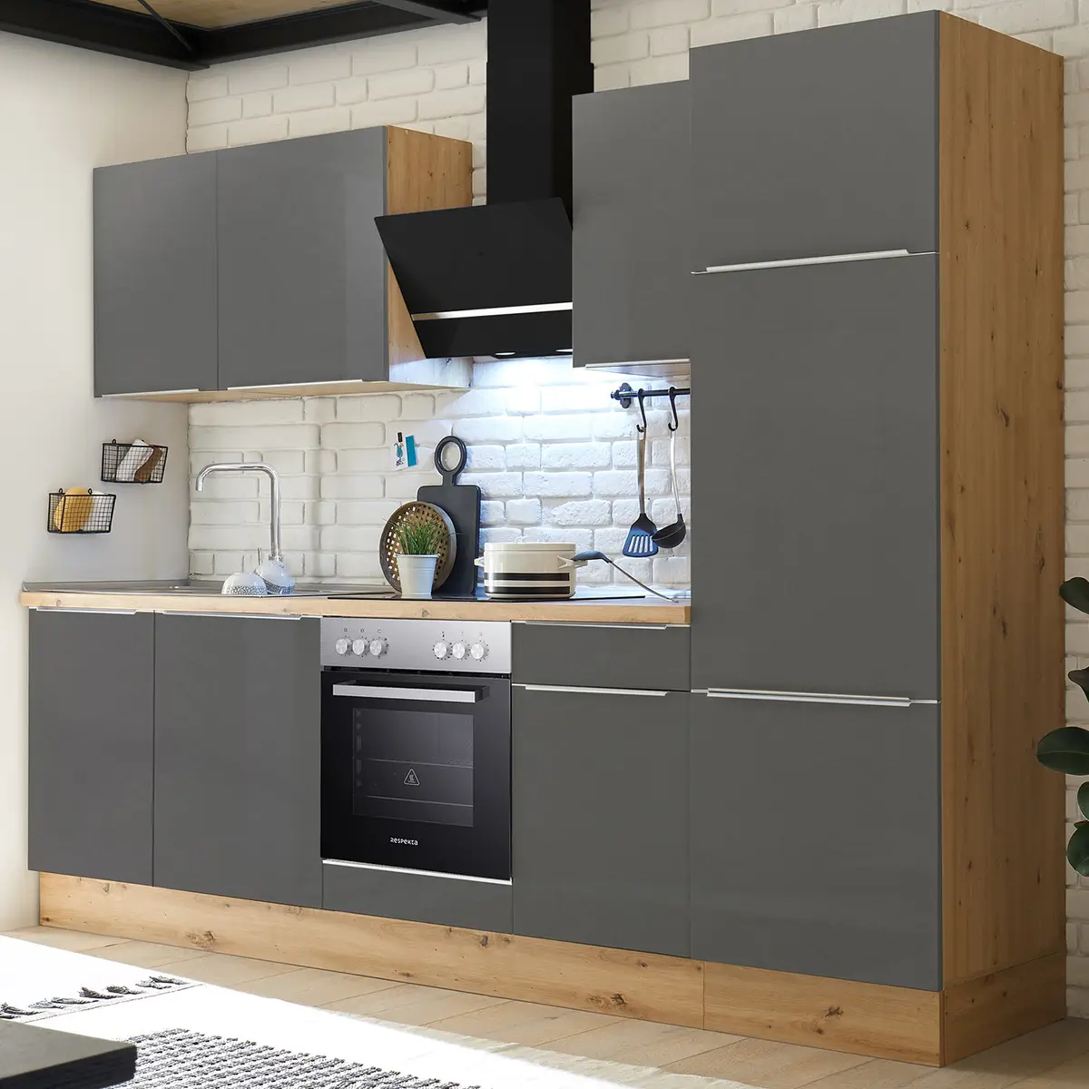 Küchenzeile II 280cm Grau/Grau/Eiche Artisan Dekor | Grau