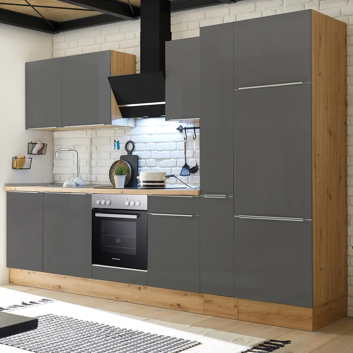 Küchenzeile II 310cm Grau/Grau/Eiche Artisan Dekor | Grau