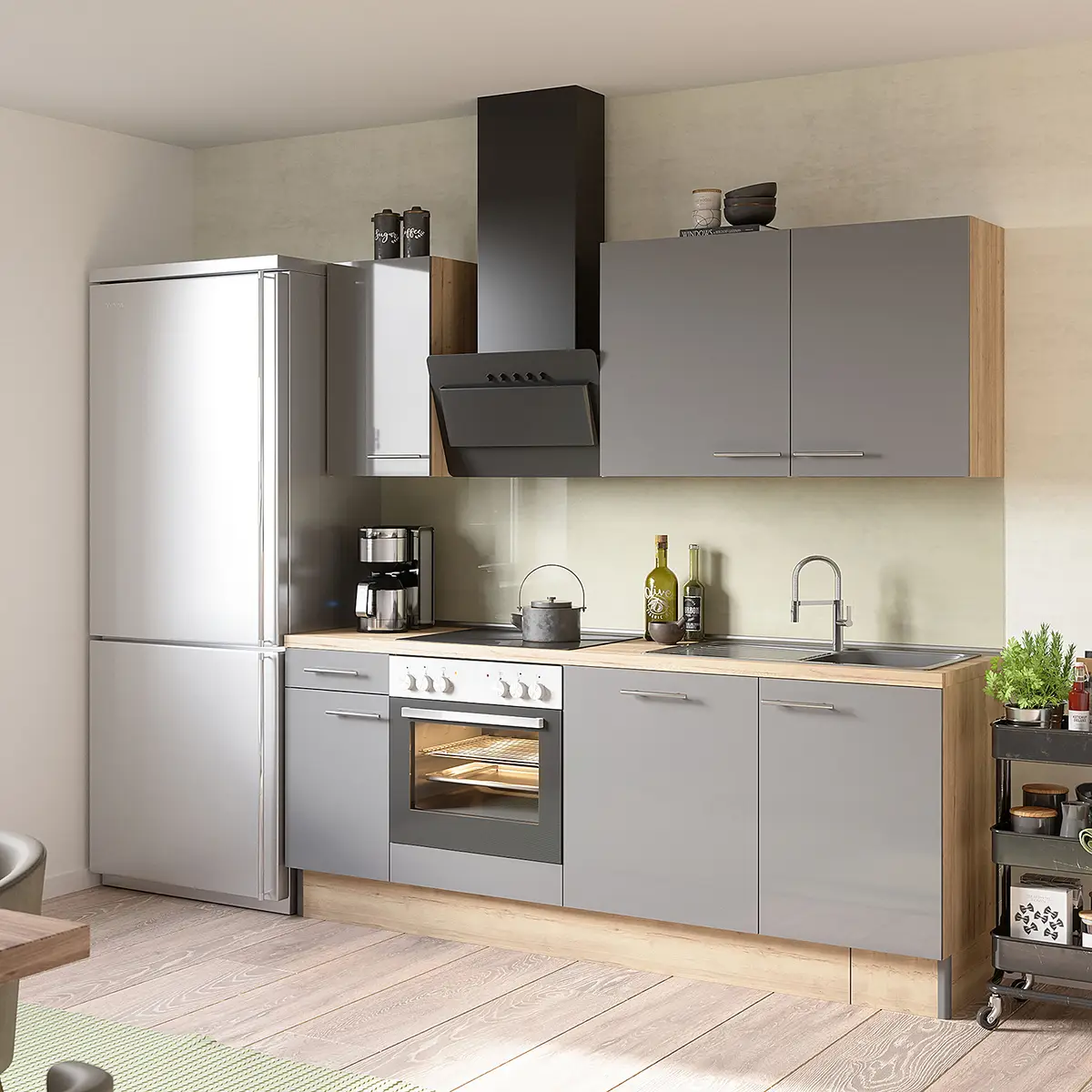 Küchenzeile Variante A 210cm Braun/Grau/Anthrazit mit | Braun