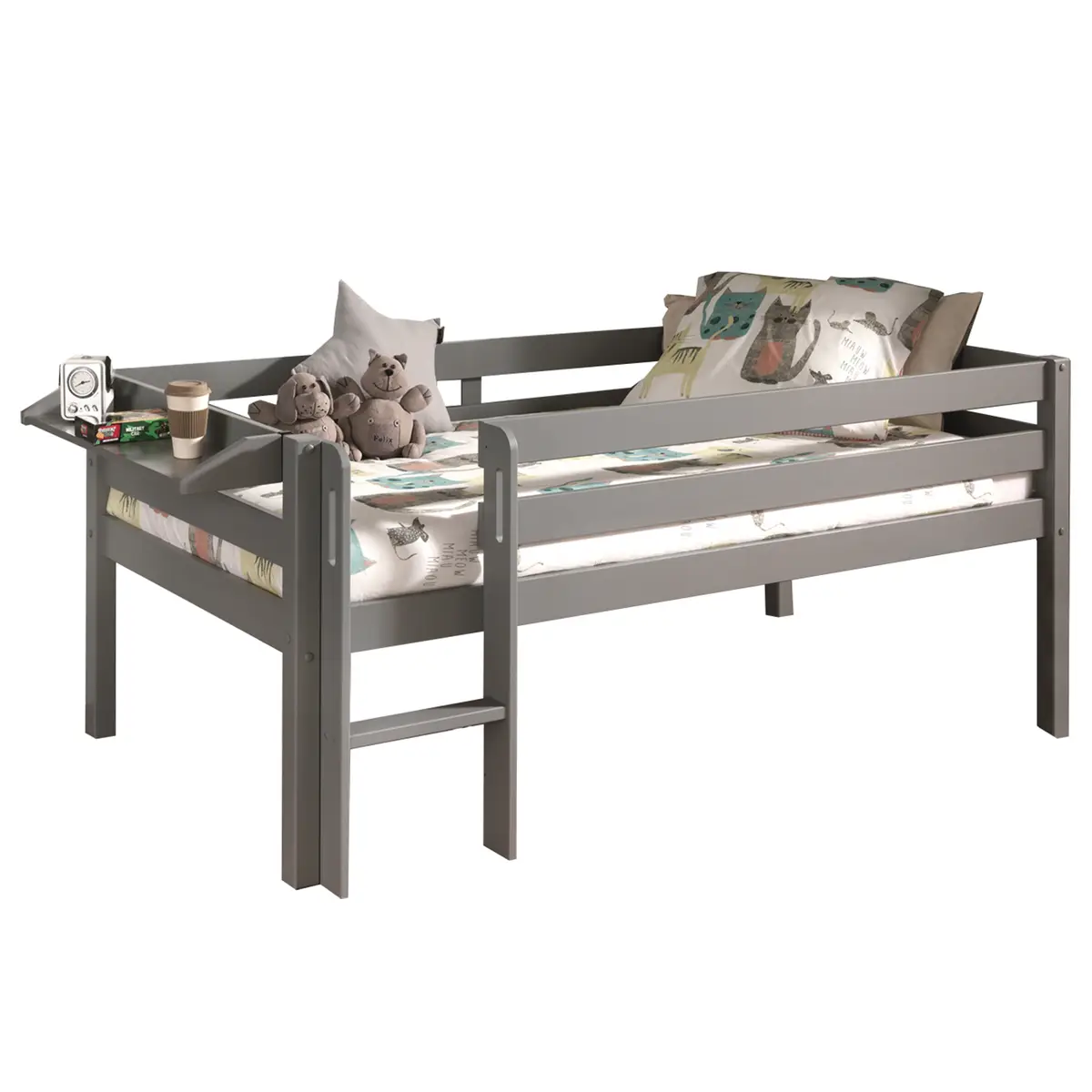 Kojenbett mit Regal 90 x 200cm Grau/Grau mit Leiter | Grau