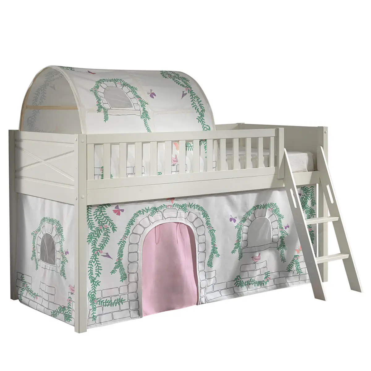 Spielbett 90 x 200cm Weiß/Beige mit Tunnel/mit Vorhang | Weiß
