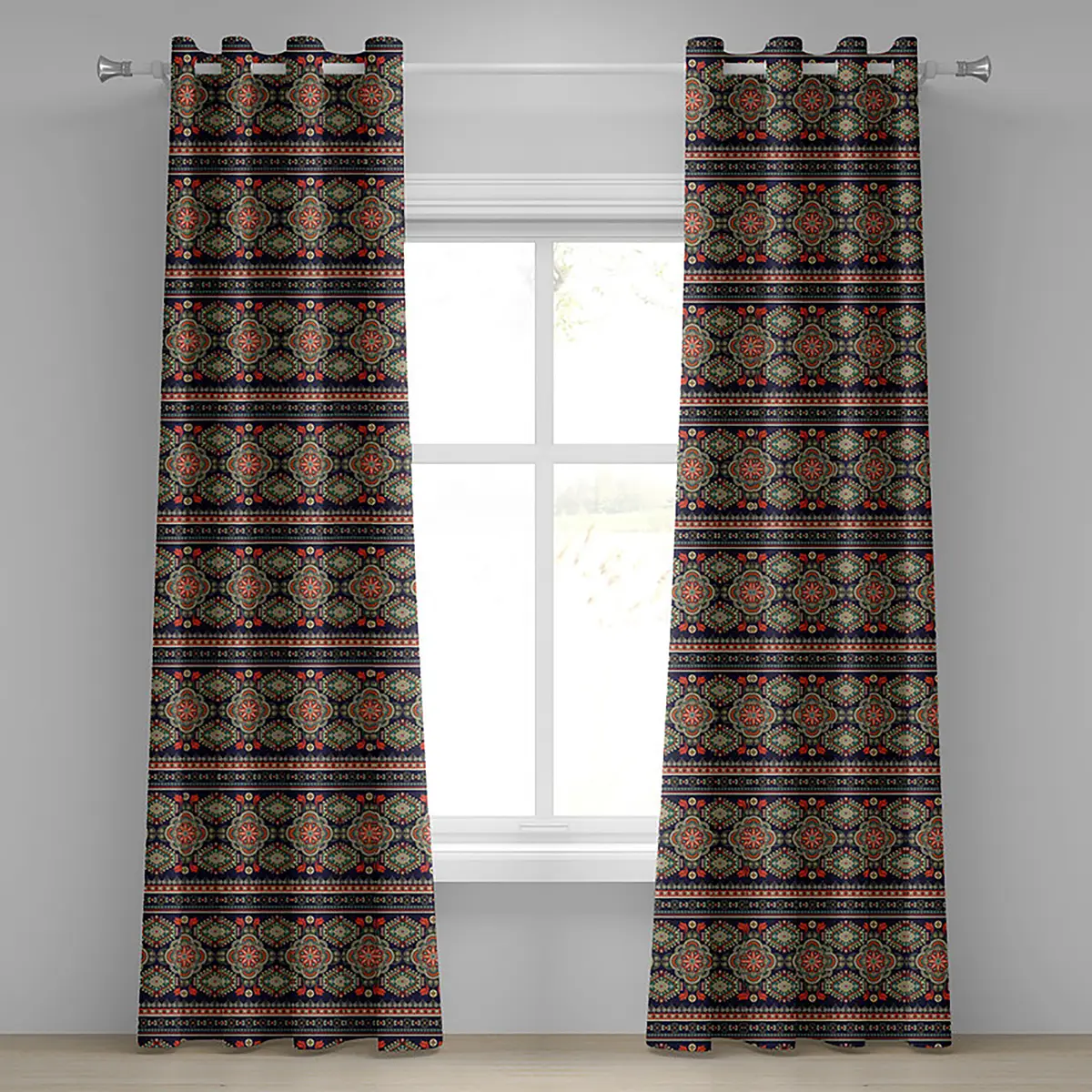 Ösenvorhang Ethnisch 2er-Set 245cm Blau/Blau/Grün | Mehrfarbig