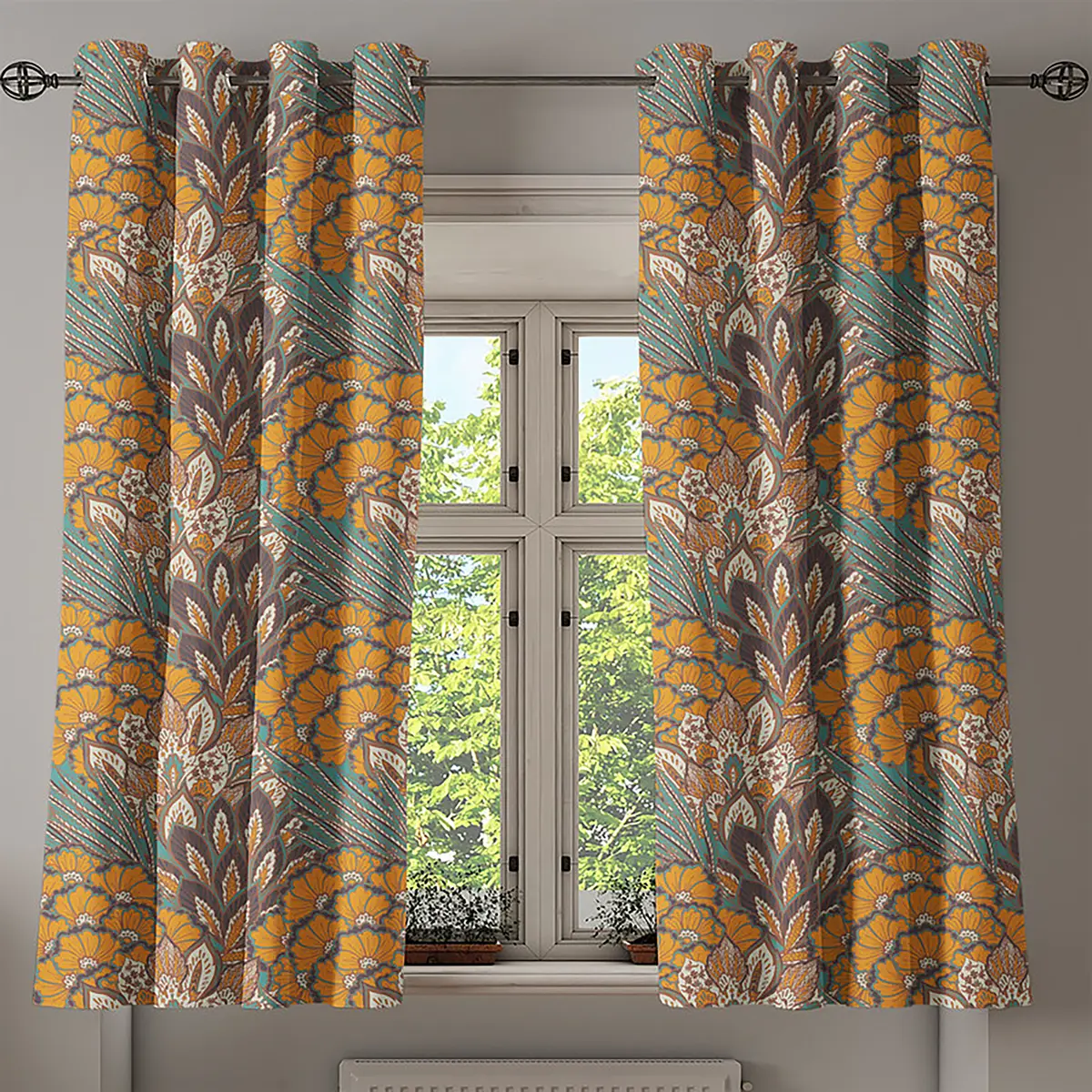 Ösenvorhang Blumen 2er-Set 175cm Blau/Türkis/Gold | Blau