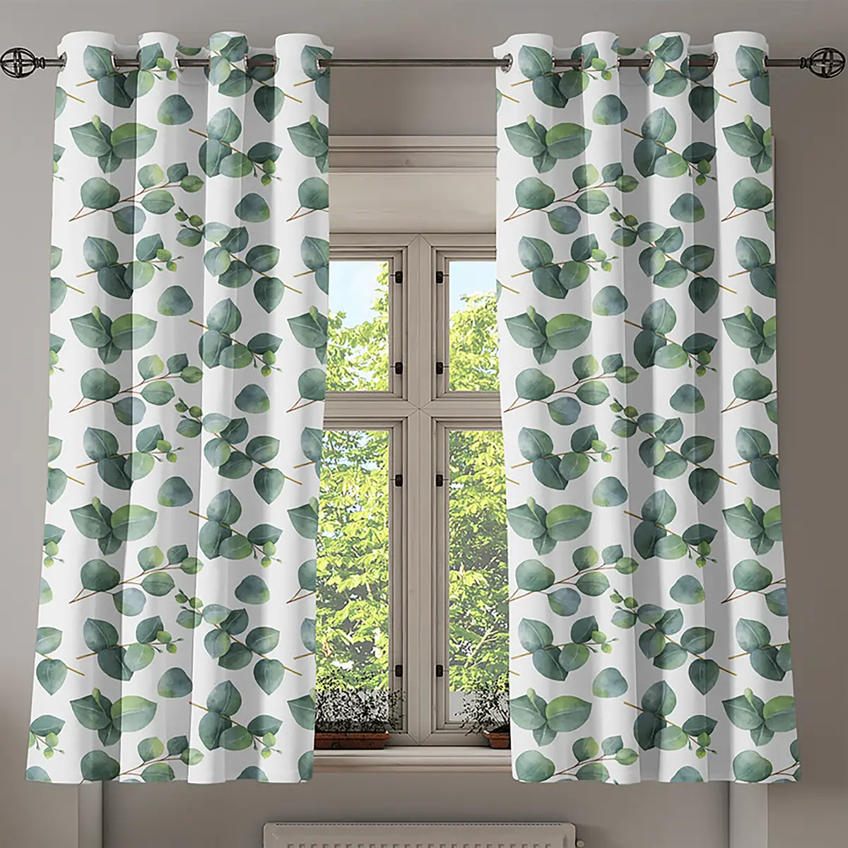 Ösenvorhang Eukalyptus Blätter 2er-Set 175cm Grün/Weiß/Grün