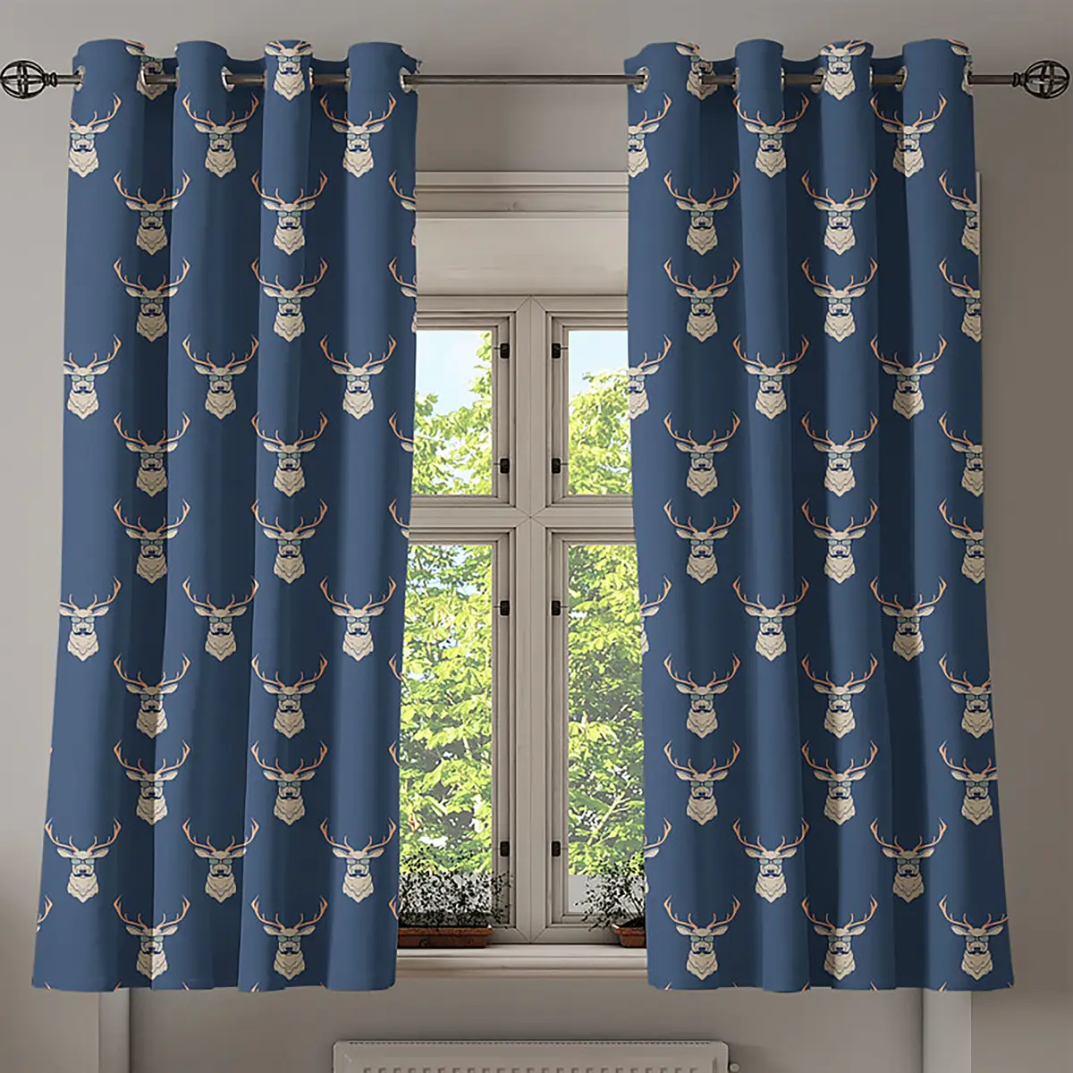 Ösenvorhang Hirsch 2er-Set 175cm Blau/Blau/Beige | Blau