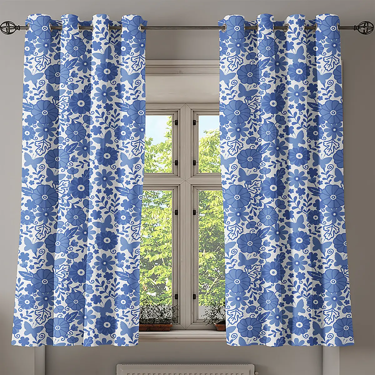 Ösenvorhang Holland 2er-Set 175cm Blau/Weiß/Blau | Blau