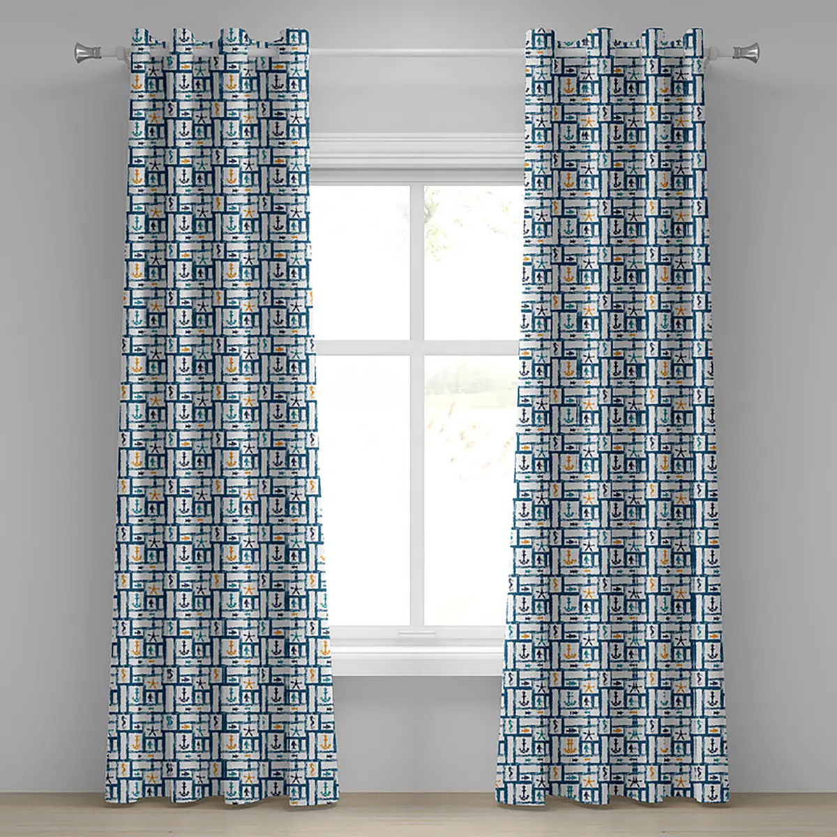 Ösenvorhang Maritim 2er-Set 260cm Blau/Weiß/Blau/Gelb | Blau
