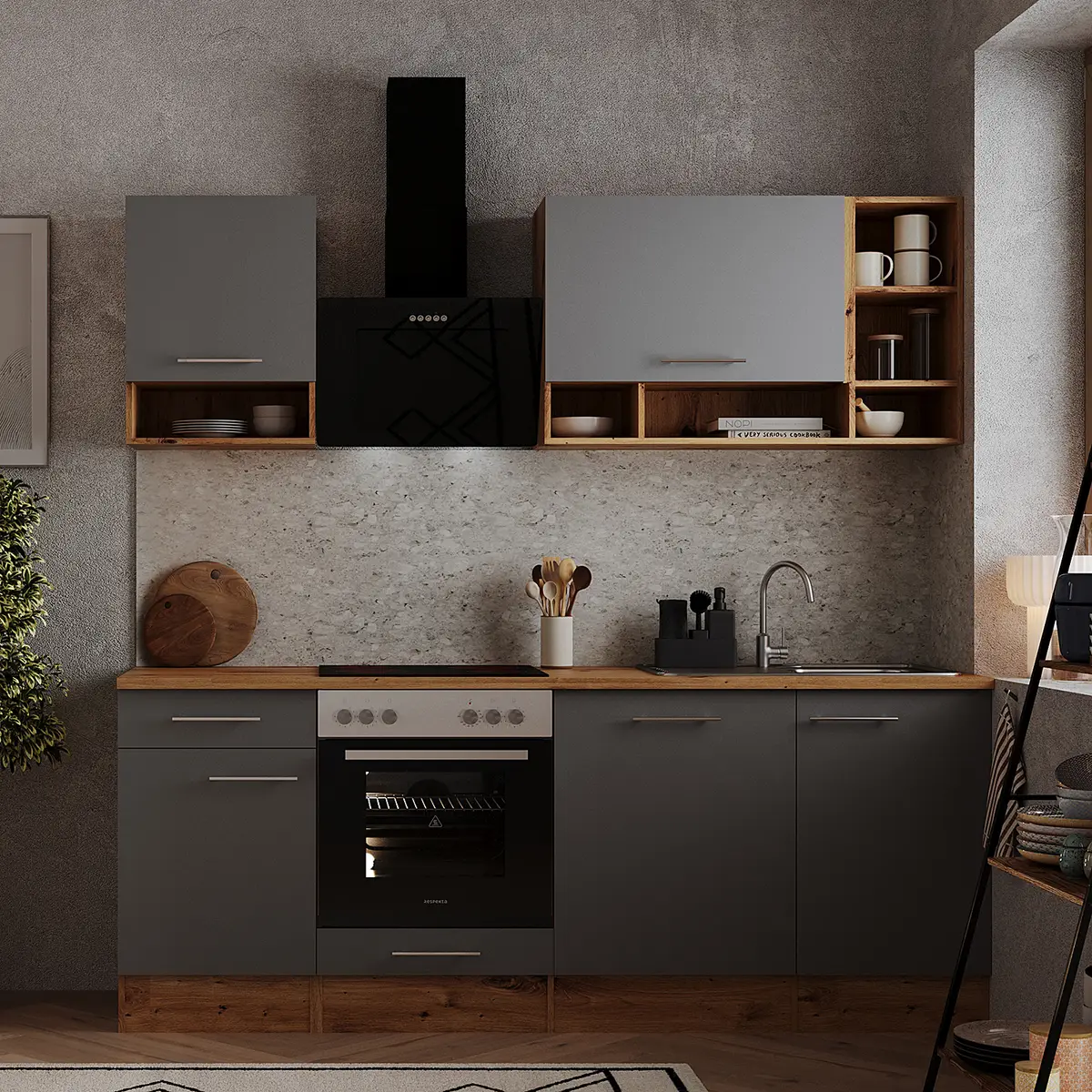 Küchenzeile 220cm Grau/Matt Grau | Grau