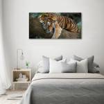 Wandbild Tiger auf Baum Braun - Textil - Holz teilmassiv - 140 x 70 x 4 cm