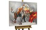 Tableau peint à la main Le taureau rouge Gris - Rouge - Bois massif - Textile - 100 x 75 x 4 cm
