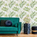 Papier Peint FEUILLES Aquarelle Nature Beige - Vert - Blanc - Papier - Textile - 53 x 1000 x 1000 cm