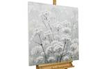 Tableau peint Fleurs du brouillard Gris - Blanc - Bois massif - Textile - 80 x 80 x 4 cm