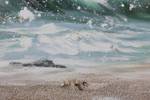 Tableau peint à la main Vamos a la Playa Bleu - Blanc - Bois massif - Textile - 150 x 50 x 4 cm