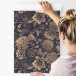 Papier Peint FLEURS Papillons Vintage Beige - Bleu - Marron - Gris - Papier - Textile - 53 x 1000 x 1000 cm